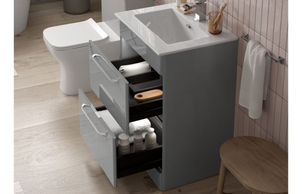 Gatsby 610mm 2 Drawer Floor Unit & Basin - Grey Gloss - Image 3